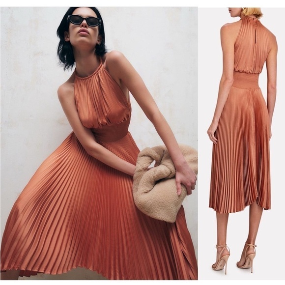 ALC Copper Satin Pleated Sleeveless Halter Smocked Waist Asymmetrical Hem Gown 2 - Picture 9 of 16